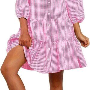 Women's 2025 Spring Summer Plaid Shirt Dress 3/4 Puff Sleeve Button Down Loose C